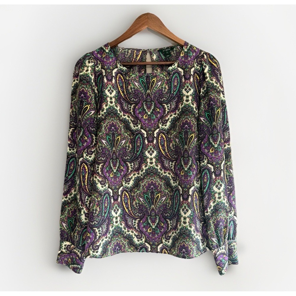 J Crew Paisley Puff Sleeve Blouse Top Satin Lightweight Boho Preppy Classic Med